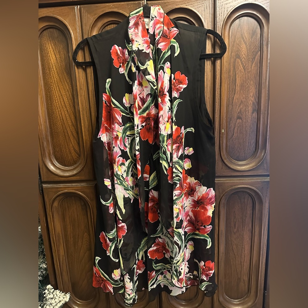 Joseph Ribkoff Black Vest with Pink Floral Design